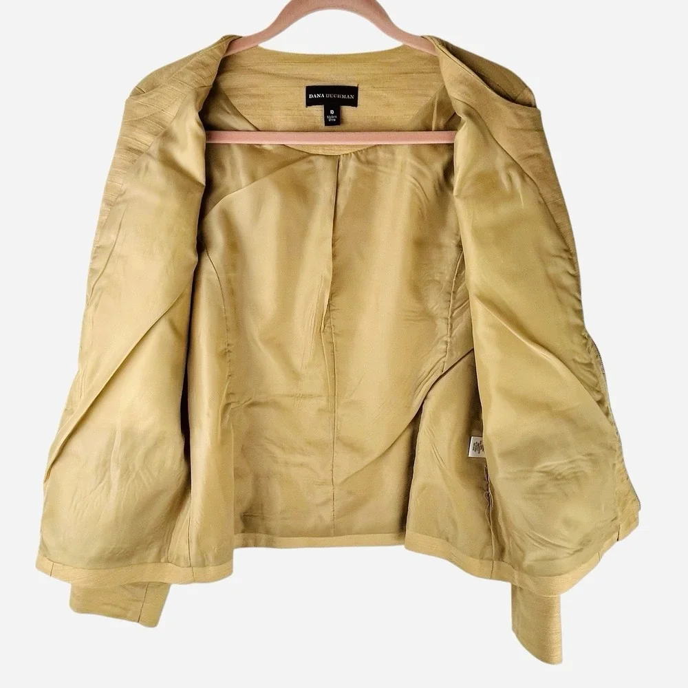 Dana Buchman Camel Yellow Blazer Womens 10 Linen Textured Zip Jacket Tan‎